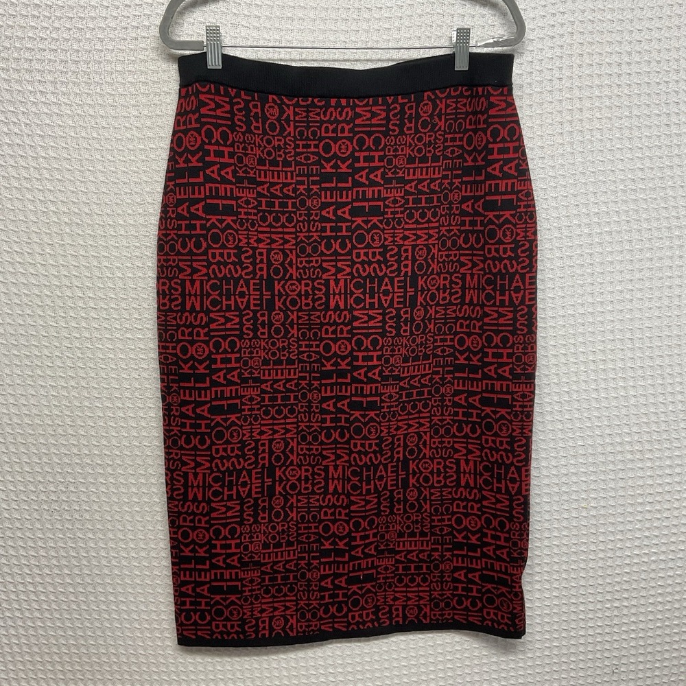Michael Kors Logo Print Skirt Womens XL Black Red Monogram Pencil Midi Stretch